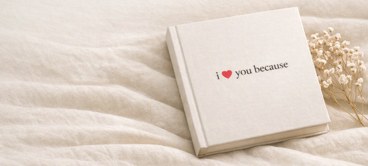 The I heart You Because hardcover book resting on linen